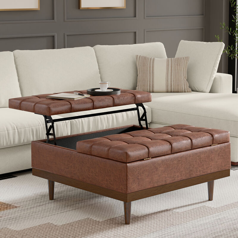 Mariah 36 inch Wide Contemporary Rectangle Lift Top Table Storage Ottoman in Distressed Saddle Brown  Vegan Faux Leather, Assembled