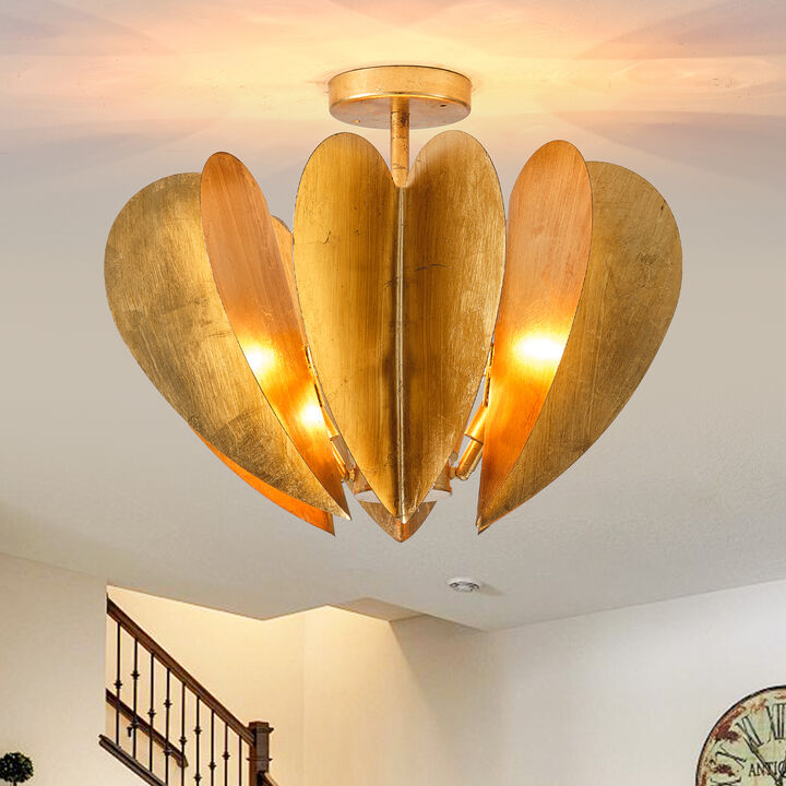 19" Vintage Antique Gold Heart Semi Flush Mount Ceiling Light