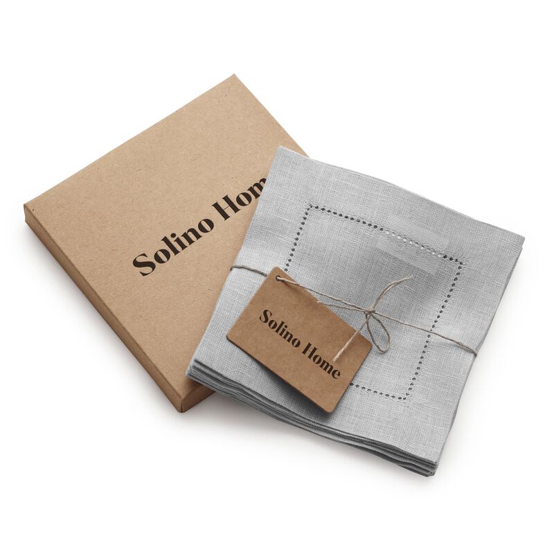 Solino Home Classic Hemstitch 100% Linen Cocktail Napkins &ndash; Set of 12, 6 x 6 in, Machine Washable, Holiday and Everyday Dining