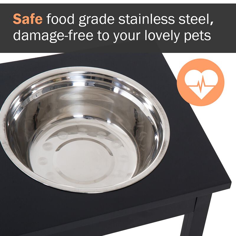 2 Stainless Steel Pet Bowls, 23"L Durable Wooden Heavy Duty Dog Feeding Station - Black