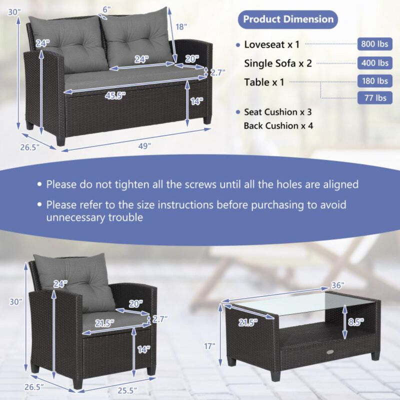 Hivvago 4 Pieces Patio Rattan Conversation Furniture Set with Glass Top Coffee Table