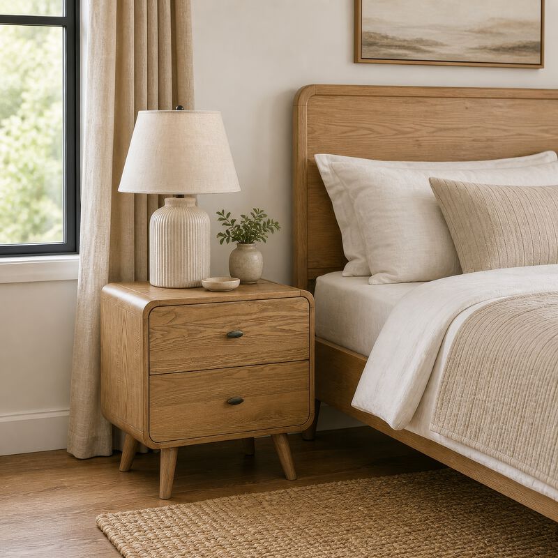 Ryb Nightstand with 2 Drawers, Curved Corners, Light Ash Wood 27 Inch image number 1
