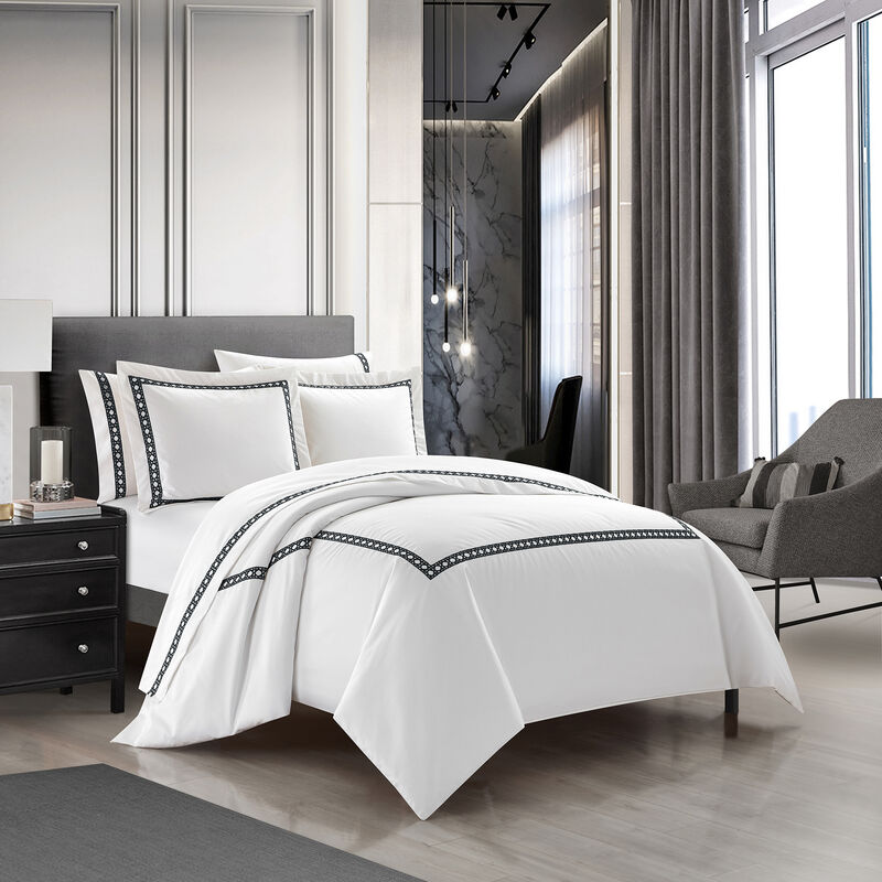 Chic Home Lewiston 7 Piece Cotton Blend Duvet Cover 1500 Thread Count Set Solid White With Embroidered Details Bed In A Bag King Black