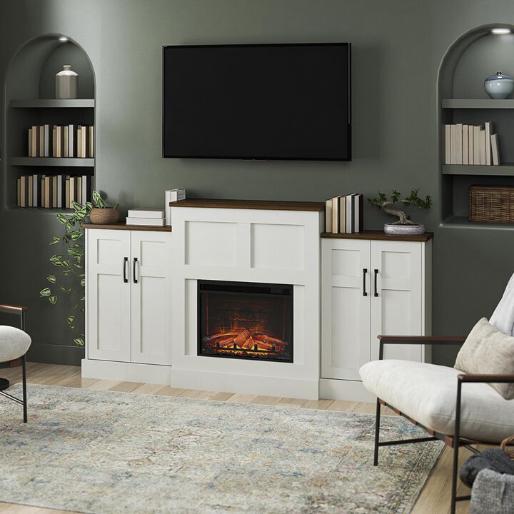 Hattie Mantel with Electric Fireplace and Built-In Side Storage Cabinets, White with Brown Oak