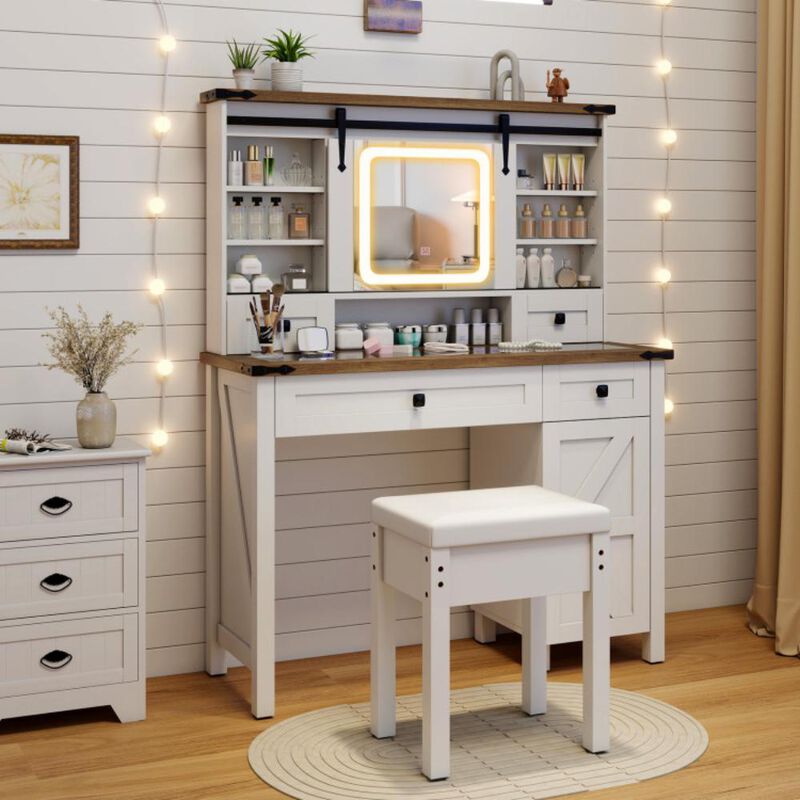 Hivvago Makeup Vanity Desk with Mirror and 3-Color Dimmable LED Lights-White