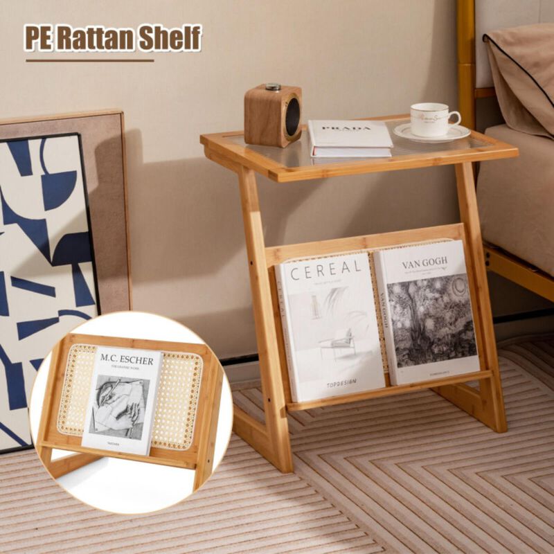 Hivvago Z-shaped End Table with Magazine Rack and Rattan Shelf