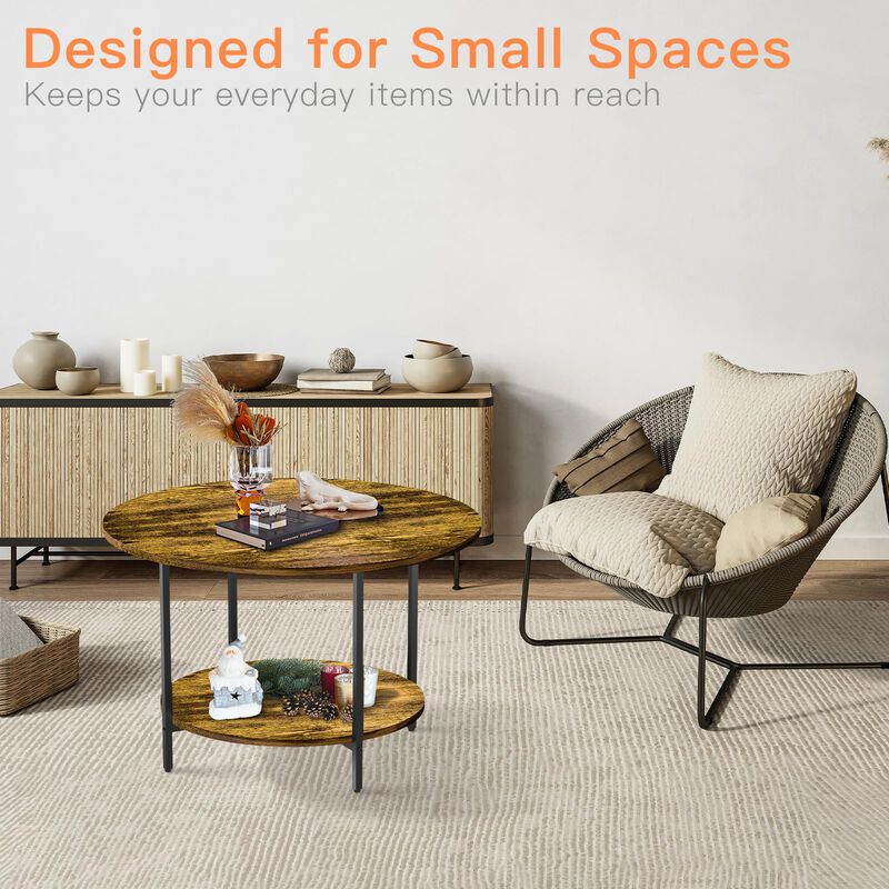 FAMIDGE Round Coffee Table, 27.5"" Small Coffee Tables, 2-Tier Circle Coffee Table with Storage Shelf, Wood Coffee Table Circula