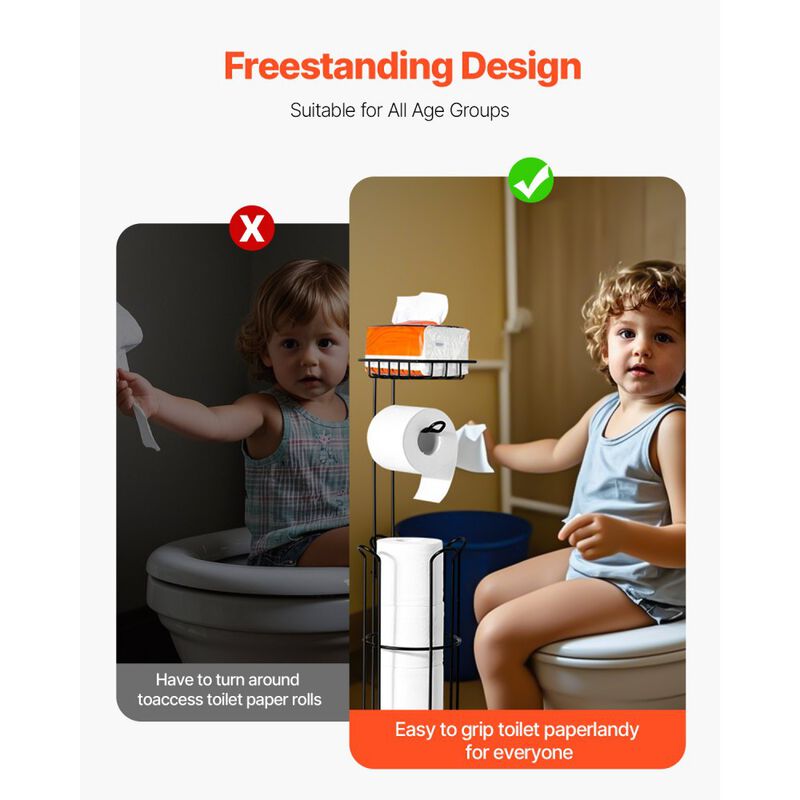 Freestanding Tissue Roll Holder with Shelf, Metal Toilet Paper Organizer for Bathroom Storage-Matte Black image number 4