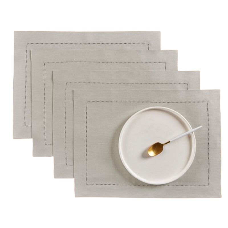 Solino Home Medium Weight Hemstitch 100% Linen Placemats &ndash; Set of 4, 14 x 19 in, Machine Washable, Holiday and Everyday Dining