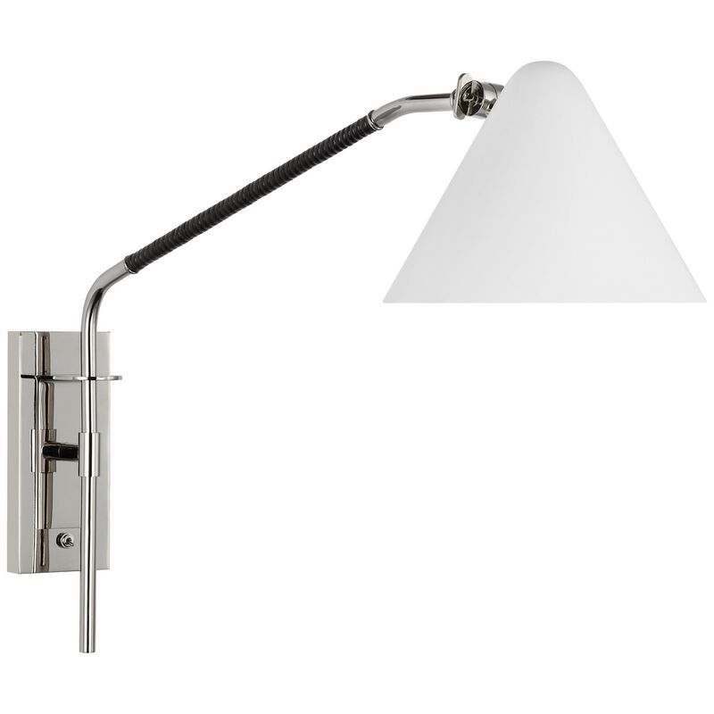 Laken Medium Articulating Wall Light in Polished Nickel and Black Rattan with White Shade