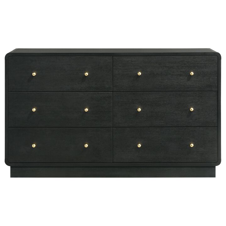 Cavy Wide Dresser, 6 Storage Drawers, Black Wood, Round Gold Knobs - Benzara