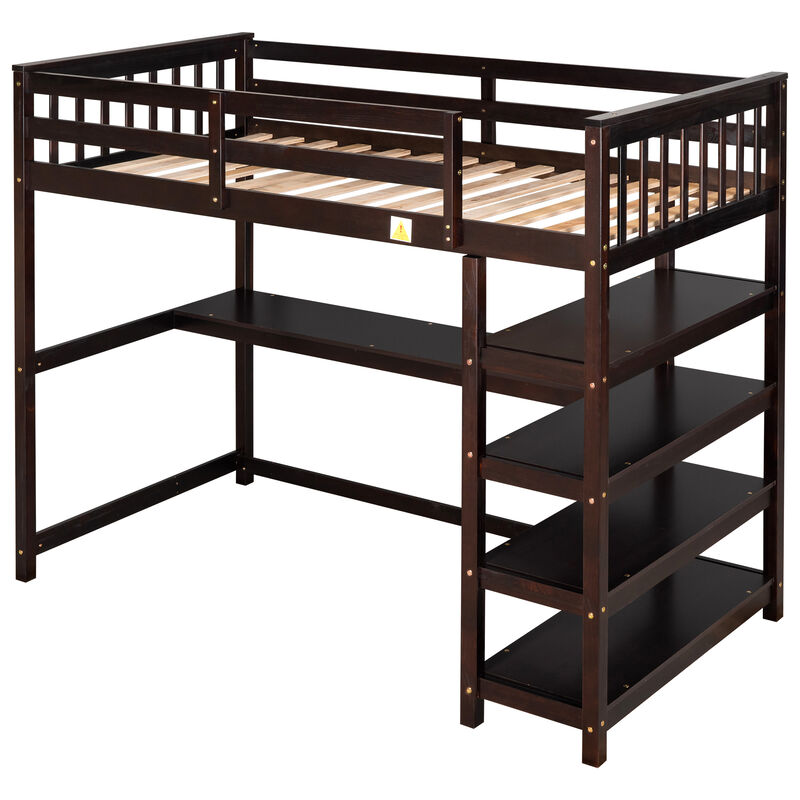 Merax Twin Size Loft Bed with Storage Shelves and Under-bed Desk