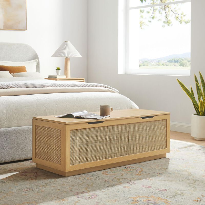 Modway Soma Rattan Storage Bench in Oak &ndash; Faux Cane Flip-Top Low Profile Storage Ottoman for Bedroom, Entryway, or Living Room image number 1