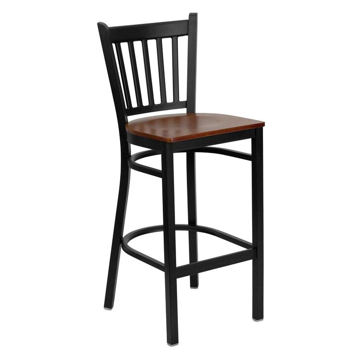 Flash Furniture HERCULES Series Black Vertical Back Metal Restaurant Barstool - Cherry Wood Seat