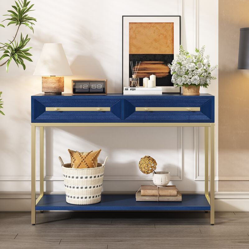 Whisen Entryway Console Table with Two Drawers, Retro Hallway Table with Geometric Design - Navy
