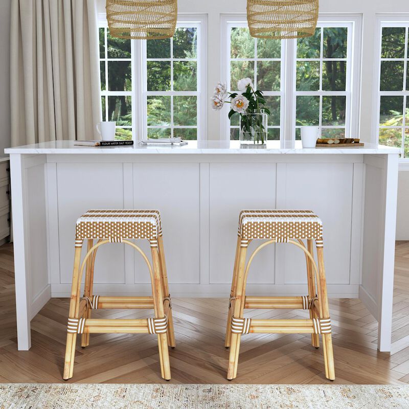 Butler Specialty Robias Rectangular Rattan 30 Bar Stool, Tan and White Stripe