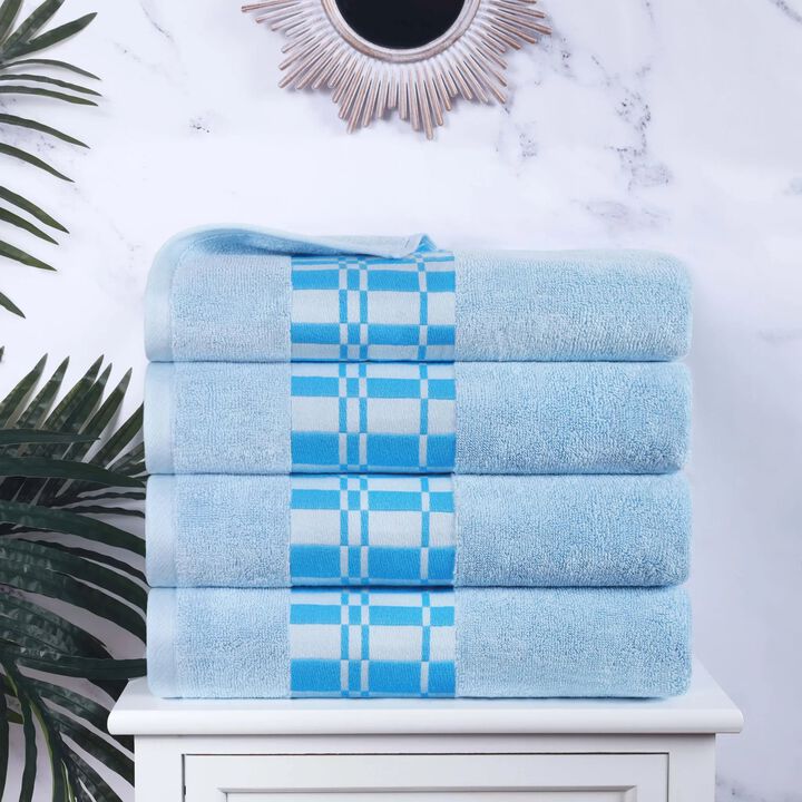 4-Piece Cotton Bath Towel Set with Geometric Border Design