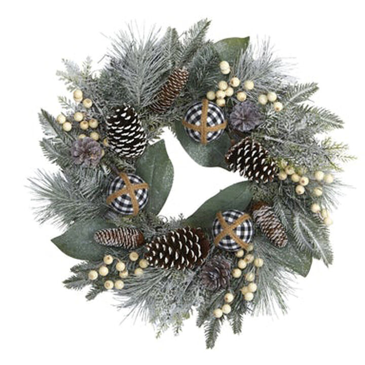 Nearly Natural 24-in Snow Tipped Holiday Artificial Wreath with Berries, Pine Cones and Ornaments