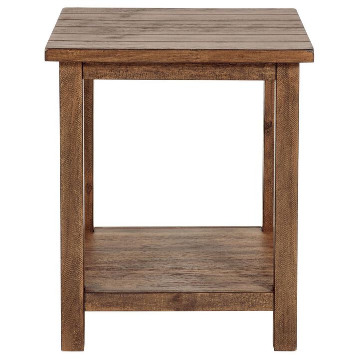 Ayne Side End Table, 1 Shelf, Distressed Brown Wood, Square 20 Inch