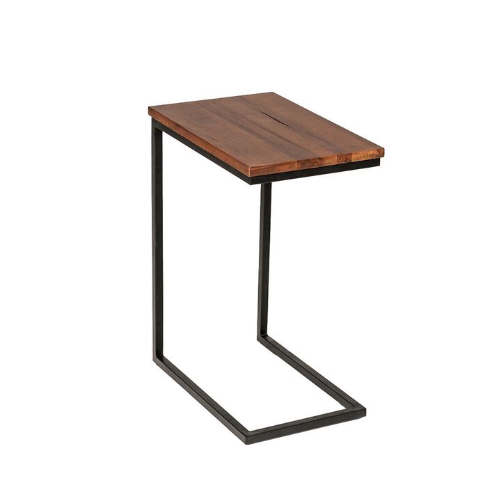 C Shaped End Table with Rectangular Wood Top, Brown and Black-Benzara