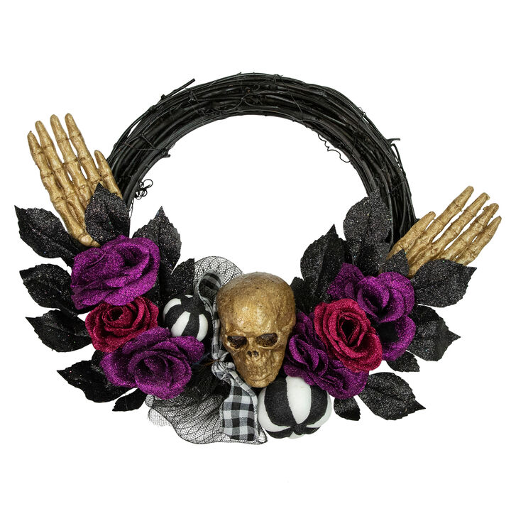 Skull with Hands and Purple Roses Halloween Twig Wreath  22-Inch  Unlit