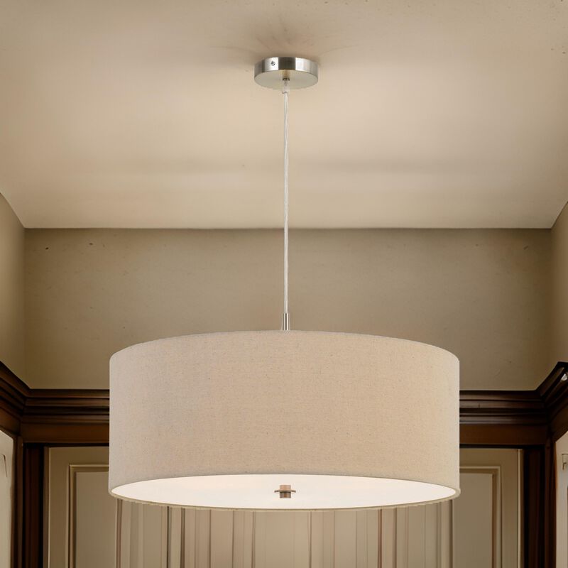 60W x 3 Drum Shade Pendant Fixture, Beige and Silver - Benzara