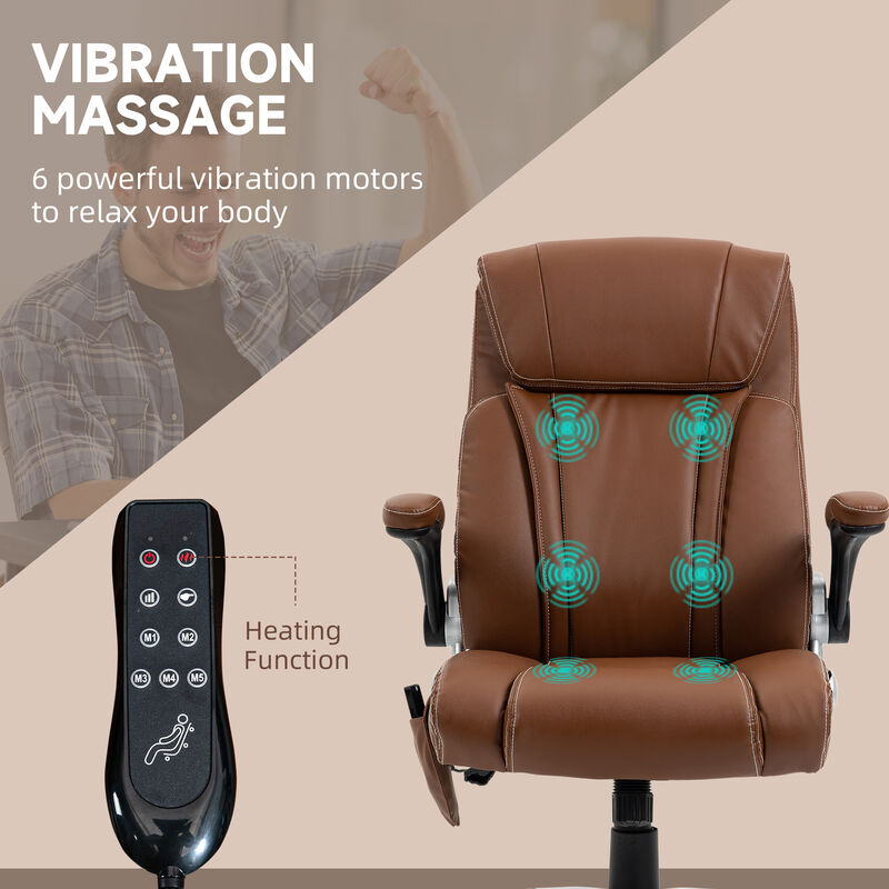 Vinsetto Executive Massage Office Chair with 6 Vibration Points, Heated Faux Leather Computer Desk Chair with Flip-up Armrest, Adjustable Height, Swivel Wheel, Brown