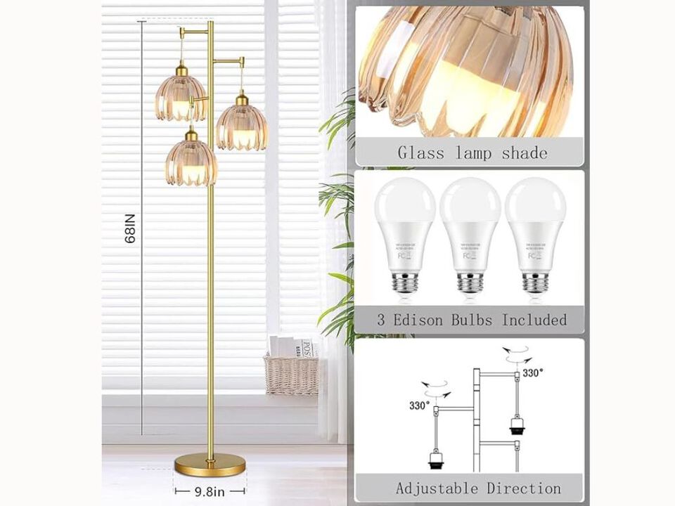 Gold Tree Floor Lamp &ndash; 3 Amber Glass Flower Shades, Brass Finish