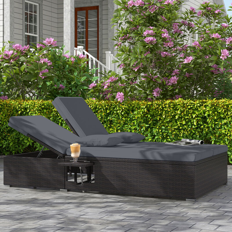 Double Chaise Patio Lounge with Thick Cushions and Foldable Side Trays image number 1