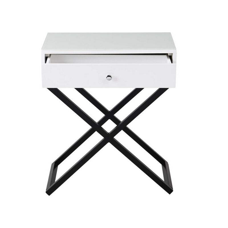 Zeno 27 Inch 1 Drawer Nightstand, Glass Top, Black Metal Cross Legs, White - Benzara