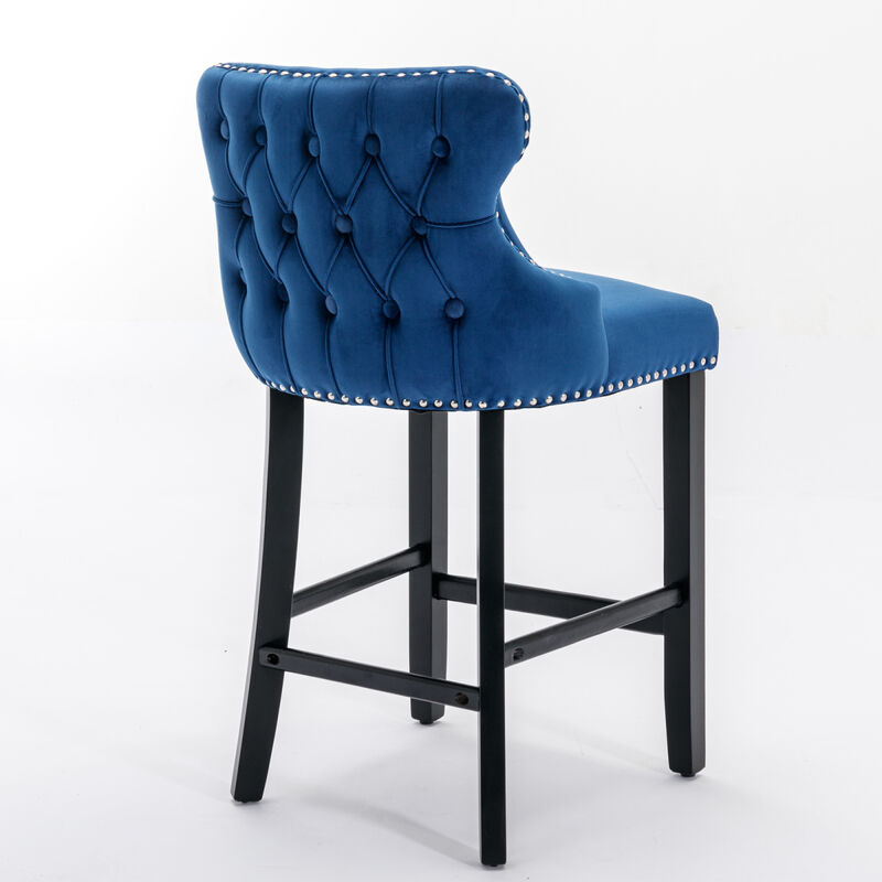 Contemporary Velvet Upholstered Wing-Back Barstools with Button Tufted Decoration and Wooden Legs, and Chrome Nailhead Trim, Leisure Style Bar Chairs,Bar stools,Set of 2 (Blue),SW1824BL