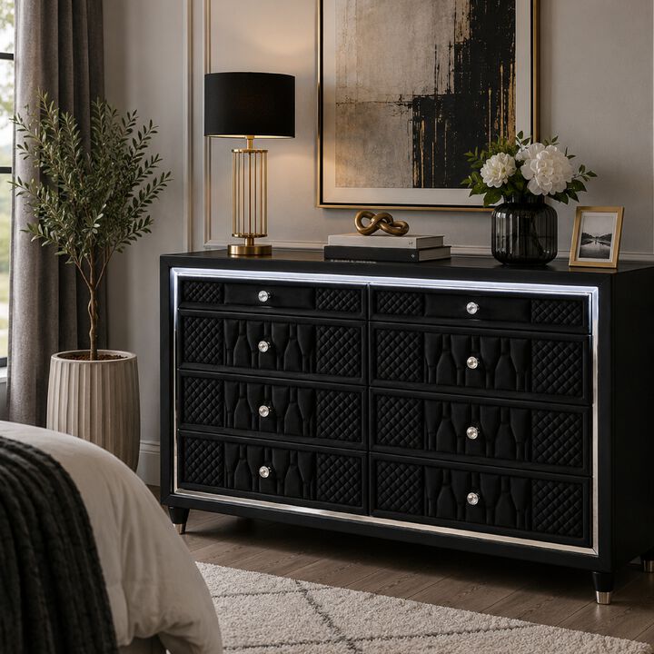 Maren Wide Dresser, 8 Drawers and LED Light, Black Tufted Velvet, Glass Top
