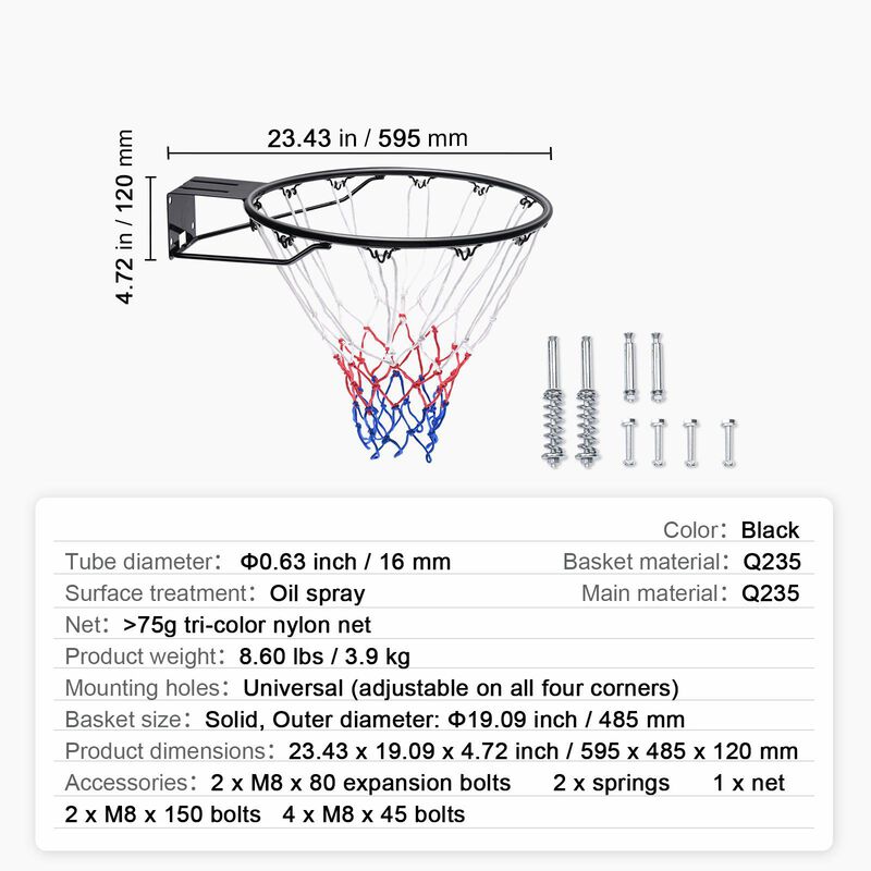 Wall Mounted Basketball Rim with Net, Heavy Duty Double Spring Hoop for Indoor Outdoor Play-Black image number 2