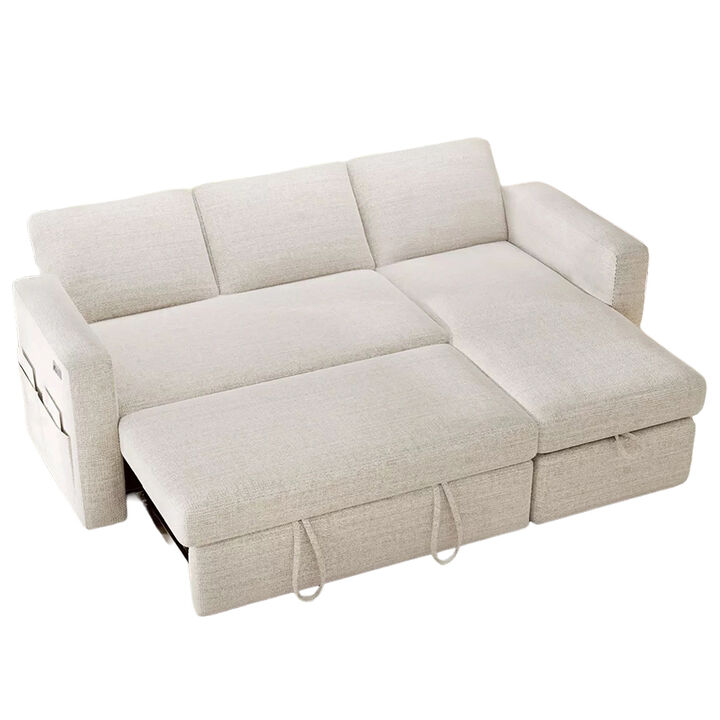 2 in 1 Pull Out Sleeper Sofa with Storage Chaise C Sectional Couch with USB Ports for Living Room