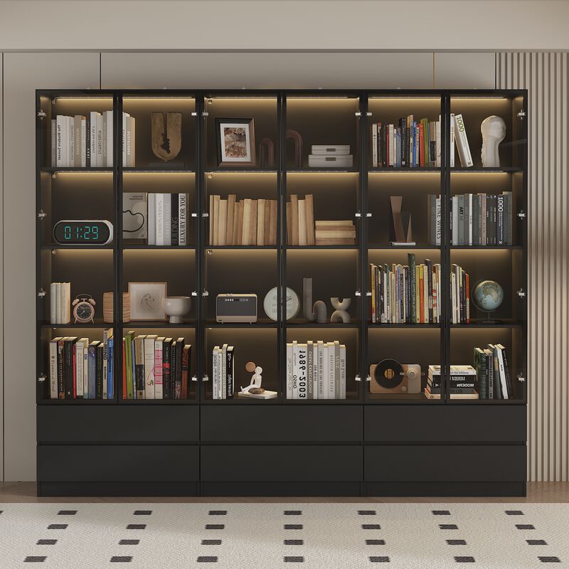 FUFU&GAGA Black MDF 4 -Shelf Oversized set Bookcase with Doors, (94.5" L x 14.2" W x 78.7" H),Black