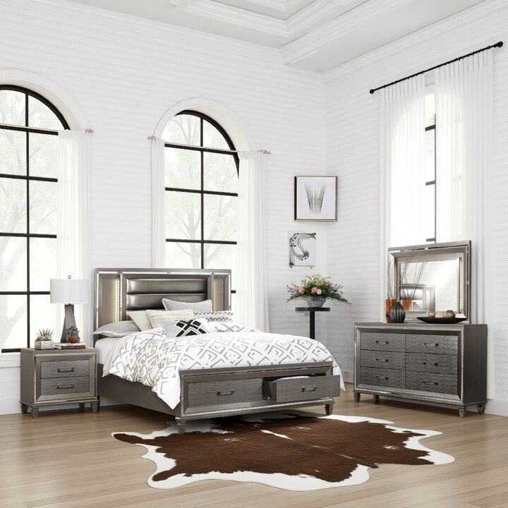 Deci 4 Pc Queen Bedroom, LED Headboard, Mirrored Trim, Champagne Silver