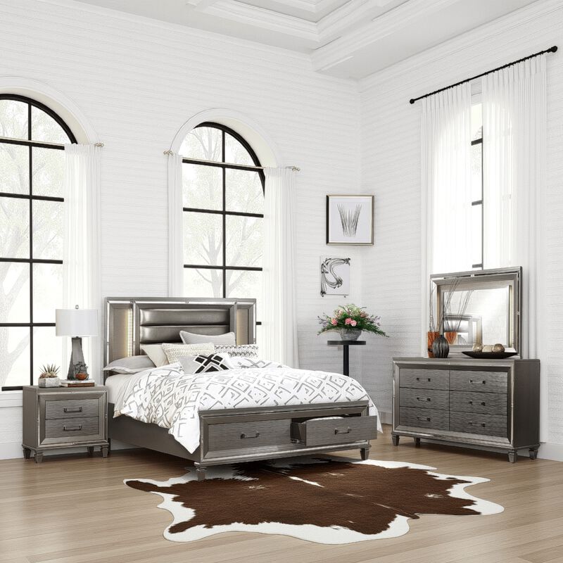 Deci 4 Pc Queen Bedroom, LED Headboard, Mirrored Trim, Champagne Silver image number 1