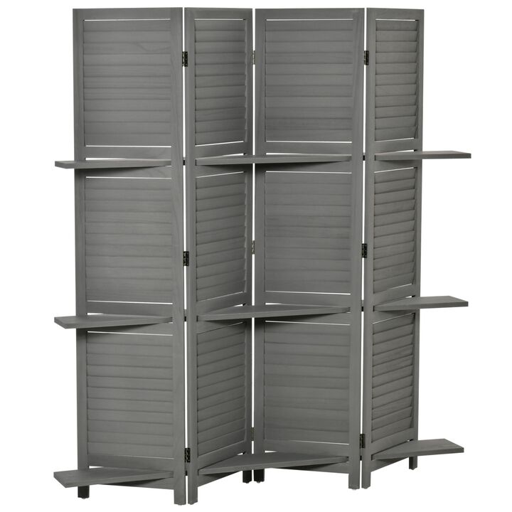 4 Panel 67" Tall Wood Wall Divider Room Divider with 3 Display Shelves, and Folding Storage for Bedroom or Home Office, Grey