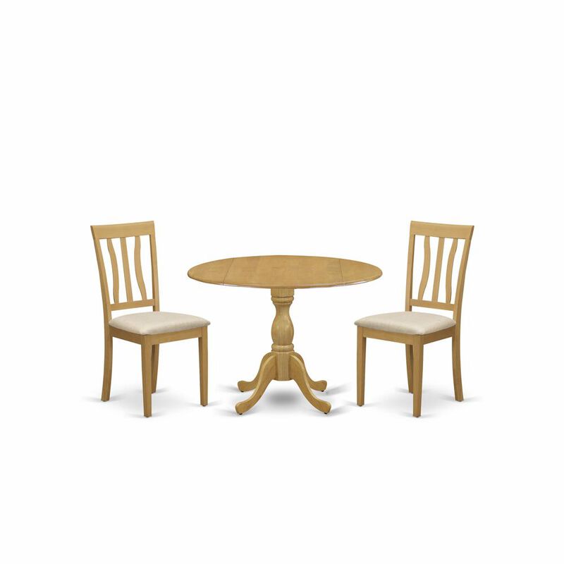 East West Furniture DMAN3-OAK-C 3 Piece Kitchen Dining Table Set - Oak Kitchen Table and 2 Oak Linen Fabric Dining Room Chairs with Slatted Back- Oak Finish