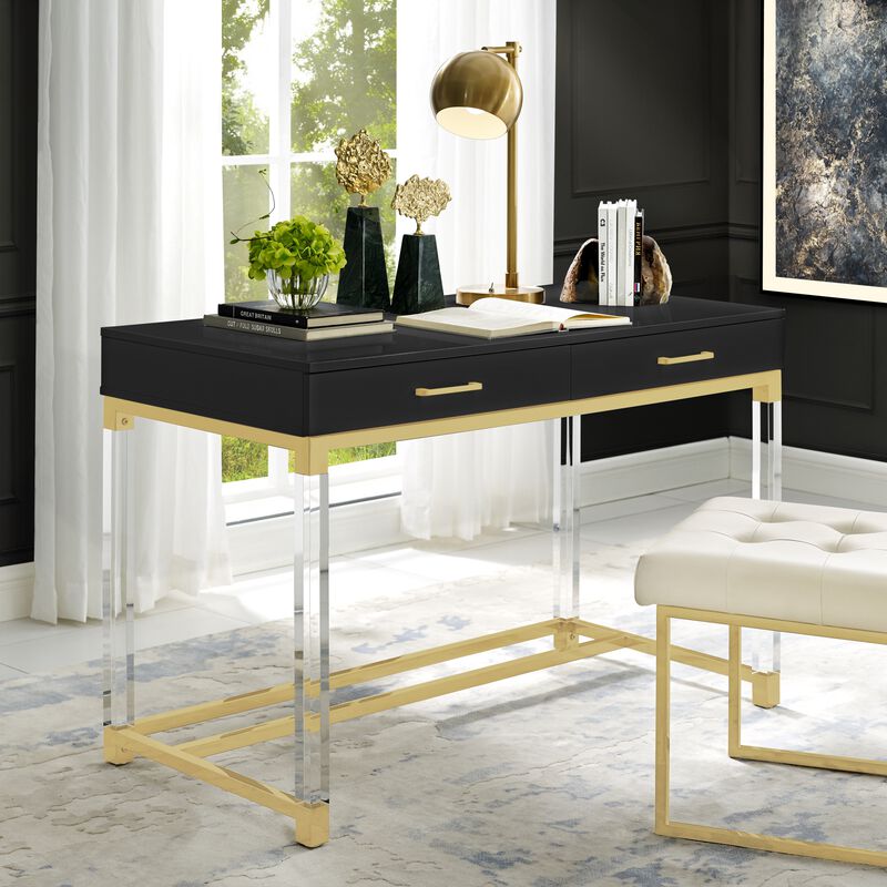 Inspired Home Kalel High Gloss 2 Drawers Writing Desk with Acrylic Legs and Stainless Steel Base