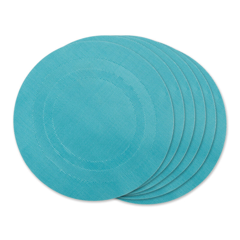 Set of 6 Teal Blue Geometric Double Frame Round Outdoor Placemats 13.75"