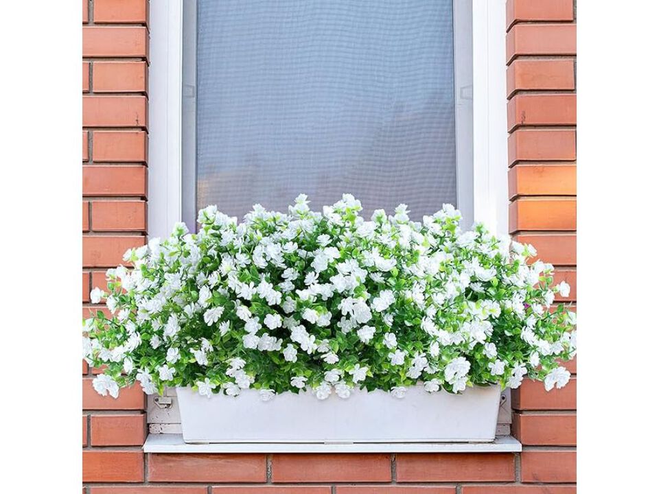 8 Bundle White Artificial Hanging Flowers UV Resistant Outdoor Window Box Decor