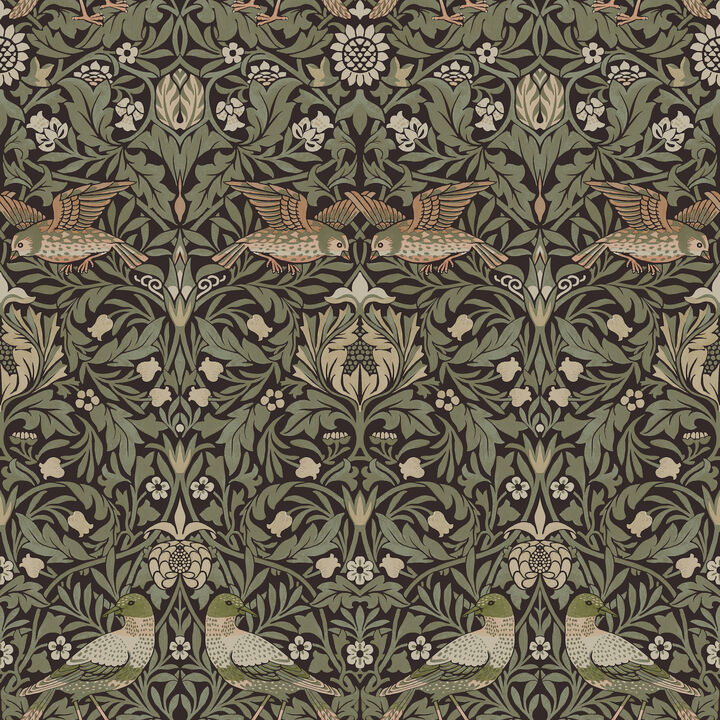 Bird Brown Floral Thicket Wallpaper