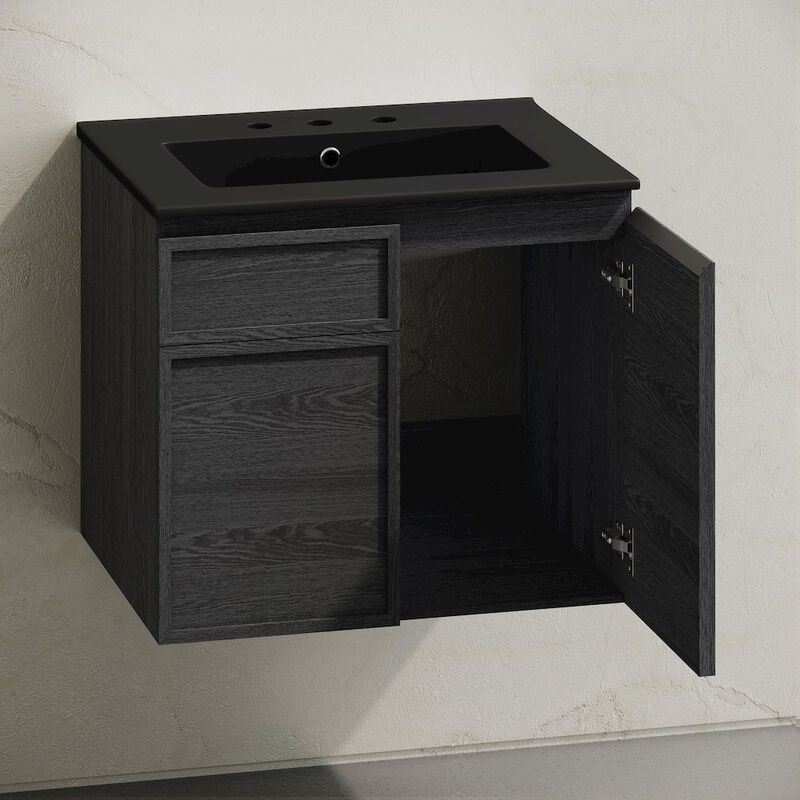 24" Wall-Mounted Bathroom Vanity in Black Oak, Black 3-Hole Widespread Sink Top image number 3