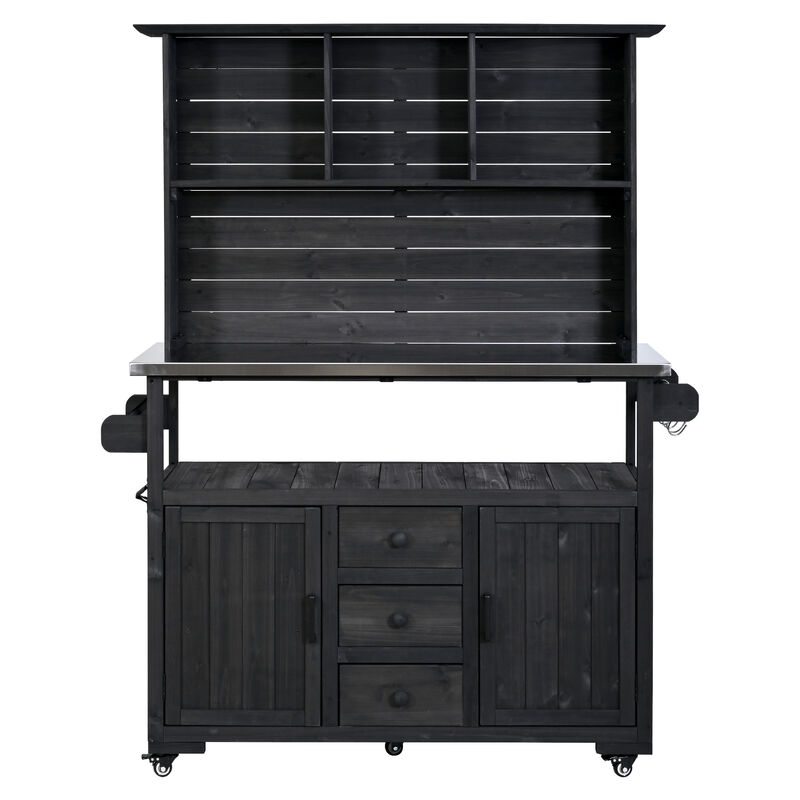 Whisen 65" Solid Wood Garden Potting Table with 3 Drawers & Doors, Stainless Top image number 0