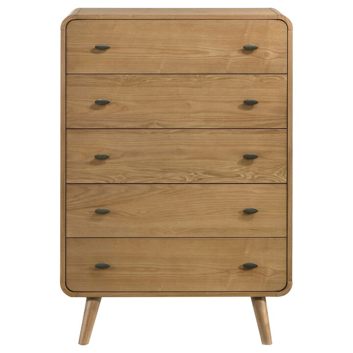 Ryb Tall Dresser Chest with 5 Drawers, Angled Legs, Brown Rubber Wood