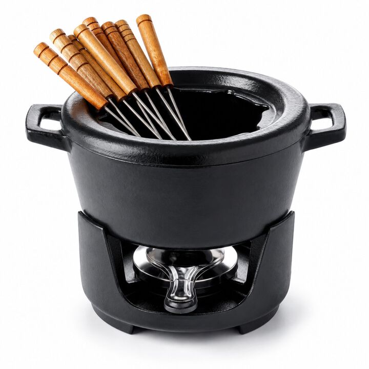 Alva Nori Enameled Cast Iron Fondue Set 2Qt. - Oven Safe and Made without PFAS, PFOA & PTFE - Includes 8 Fondue Forks, Fondue Pot, Adjustable Burner & Stand