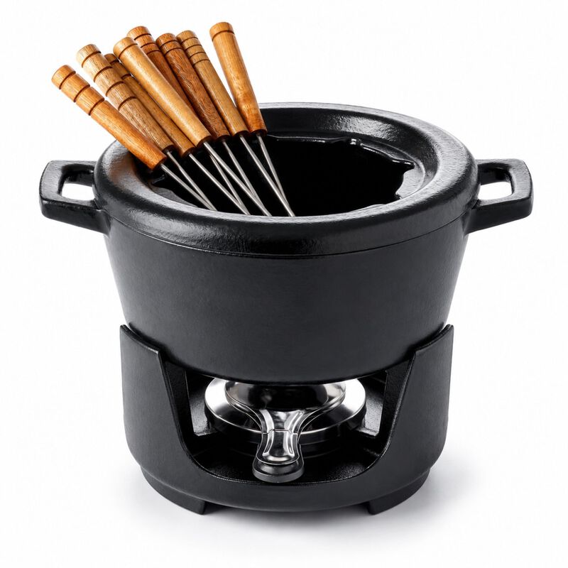 Alva Nori Enameled Cast Iron Fondue Set 2Qt. - Oven Safe and Made without PFAS, PFOA & PTFE - Includes 8 Fondue Forks, Fondue Pot, Adjustable Burner & Stand image number 0
