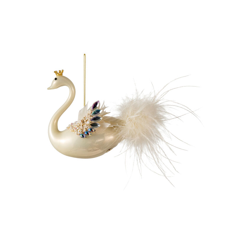 Jeweled Glass Swan Ornament with Feathers and Iron Crown, White image number 0