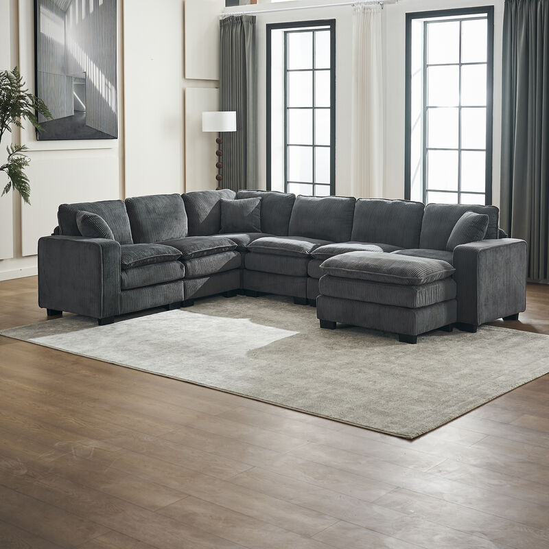 Merax Modern U Shaped 6-seat Sectional Sofa Couch with one Ottoman and three toss pillows